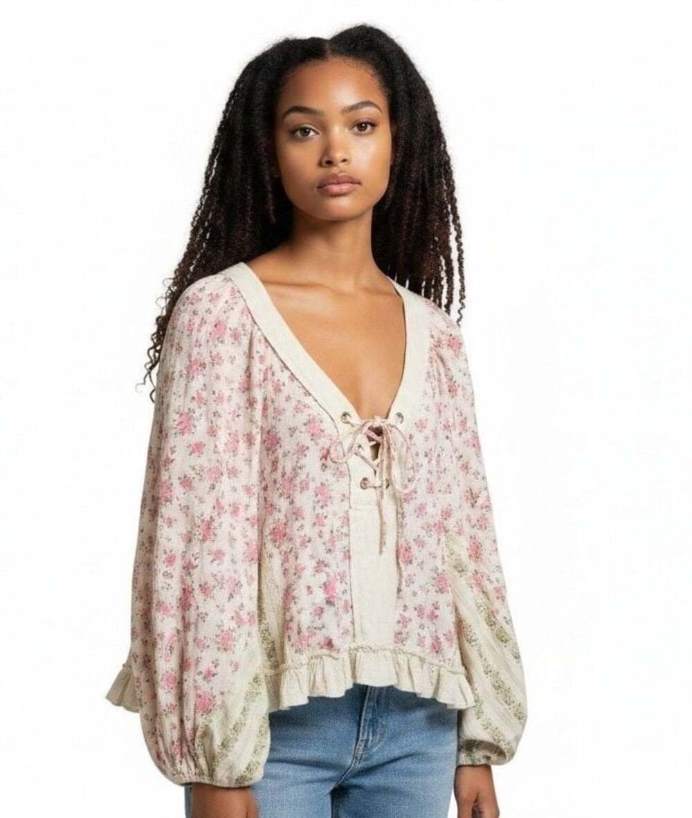 POL Floral Print Cotton Lace-Up Balloon Sleeve Blouse GWT448 Size S